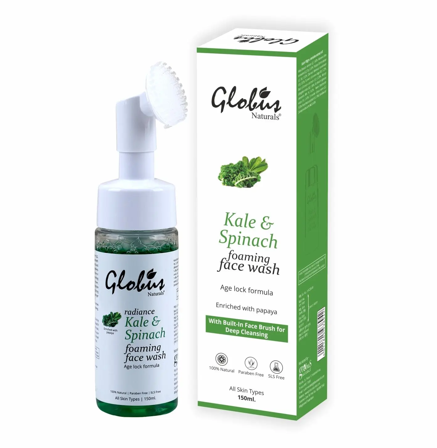 Globus Naturals Kale & Spinach Anti-Aging Foaming Face Wash with Silicon Face Massage Brush (150 ml)