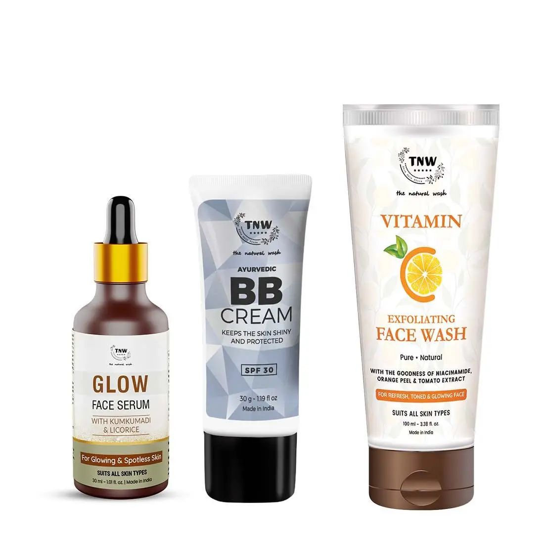 Combo of 3- BB Cream 30 gm & Vitamin C Exfoliating Face Wash 100ml & Glow Face Serum 30ml