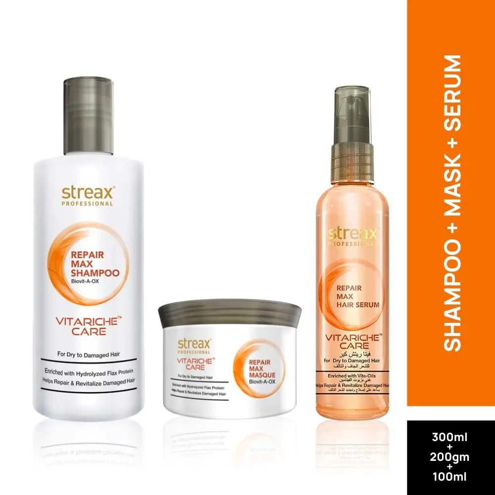 Streax Professional Vitariche Care Repair Max Combo (Shampoo + Mask + Serum) (300 ml + 200 gm + 100 ml)