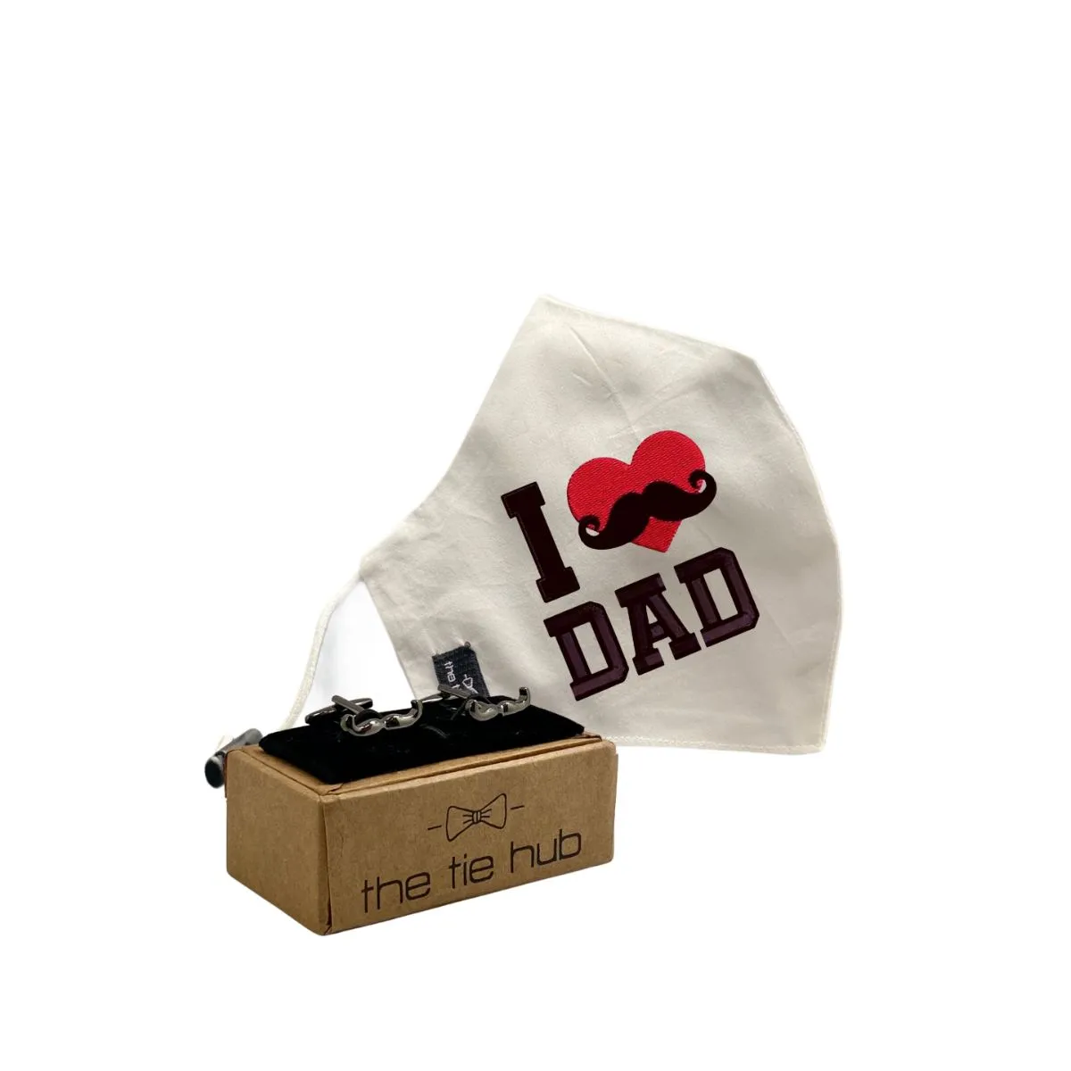 The Tie Hub Love Dad red heart Face Mask with Gunmetal Moustache Cufflinks