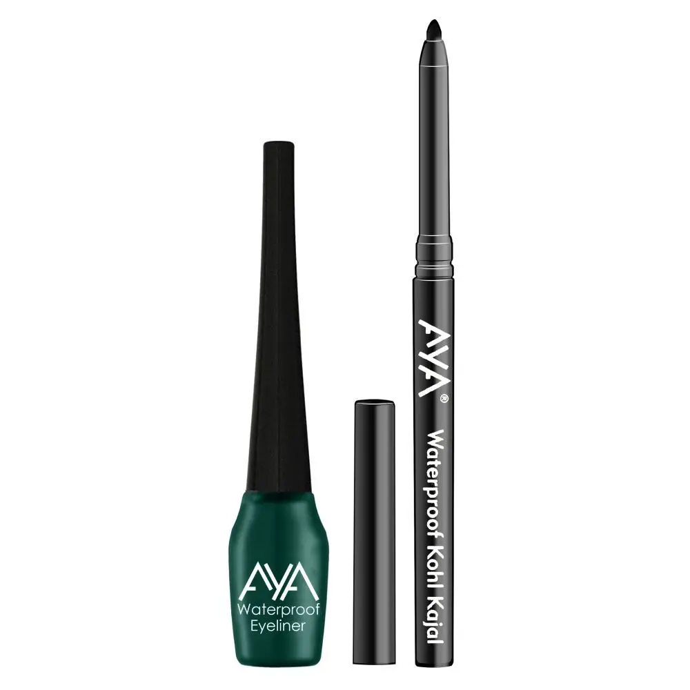 AYA Waterproof Liquid Eyeliner, Green + Jet black Waterproof Kohl Kajal