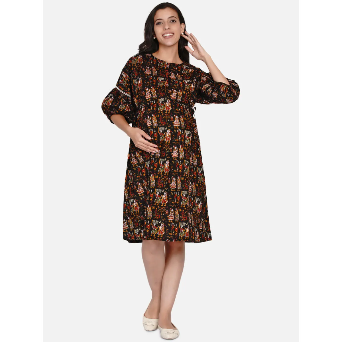 The Kaftan Company Black Kalamkari Print Maternity And Feeding Dress Black (M)