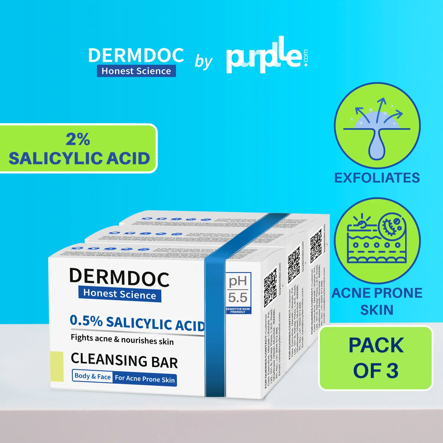 DERMDOC Combo Kit Salicylic Acid Cleansing Bar (Pack of 3) | gentle deep cleansing bar | oil control, acne prone skin | salicylic acid for back & body acne