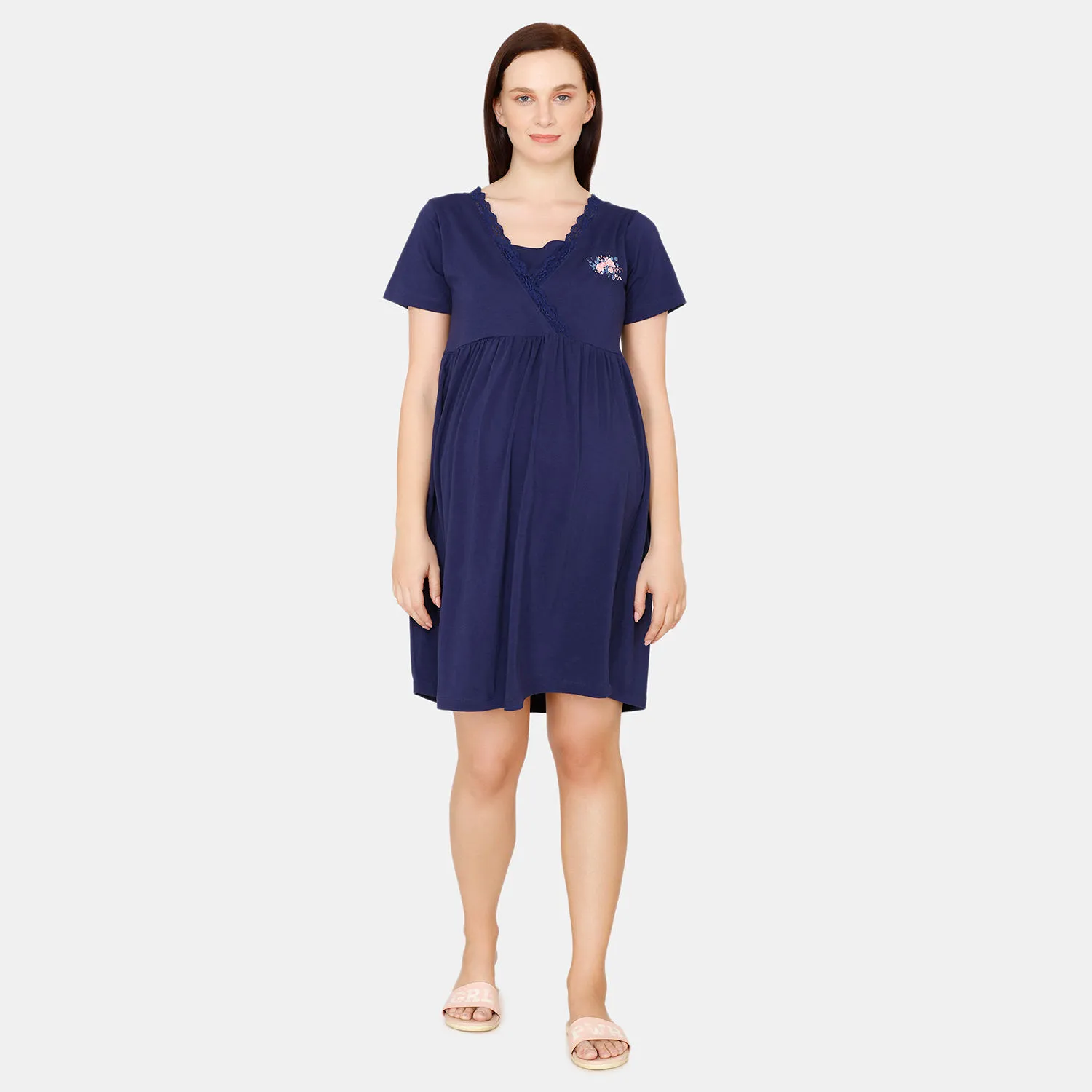 Zivame Maternity Knit Cotton Knee Length Nightdress - Medieval - Blue (M)