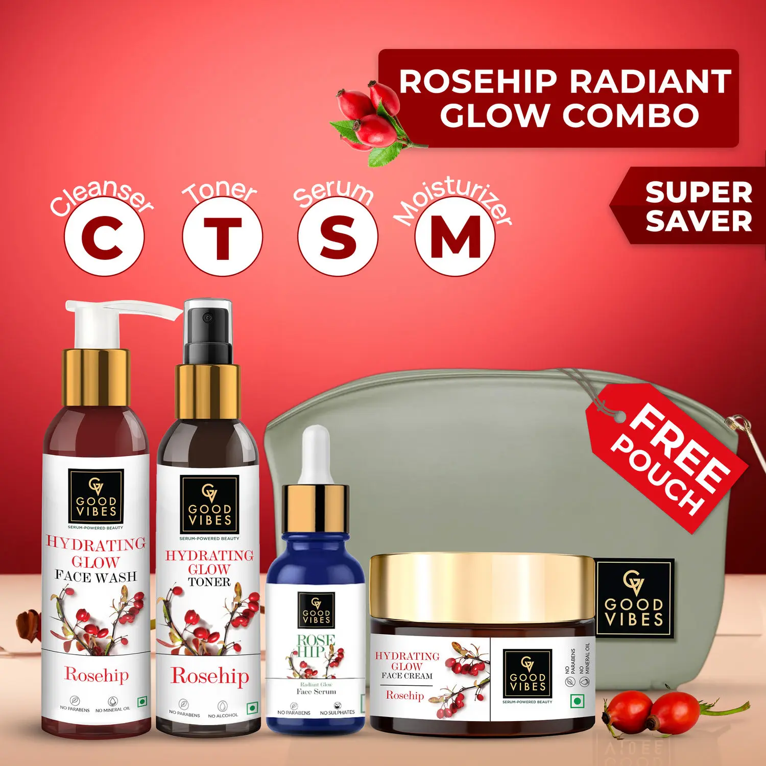 Good Vibes Rosehip Range Combo Kit CTSM (Face Wash 120 ml + Toner 120 ml + Face Serum 10 ml + Face Cream 50 g)