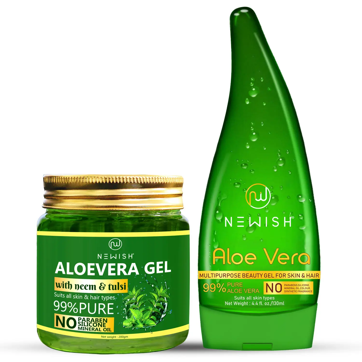 Newish Organic Aloe Vera Gel for Acne, Scars, Glowing & Radiant Skin Treatment, Neem with Tulsi Extracts- Pack of 2