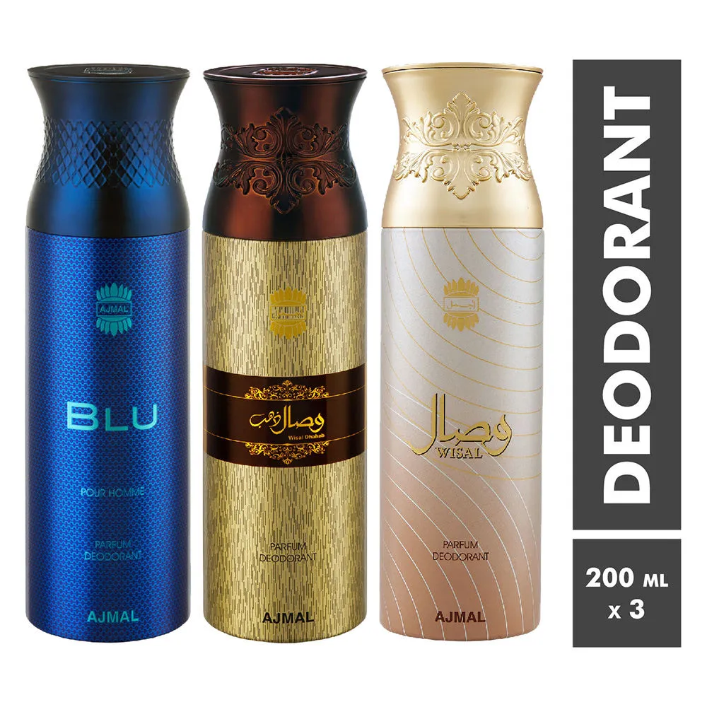 Ajmal Blu, Wisal Dhahab & Wisal Parfum Deodorant For Men and Women - Pack Of 3