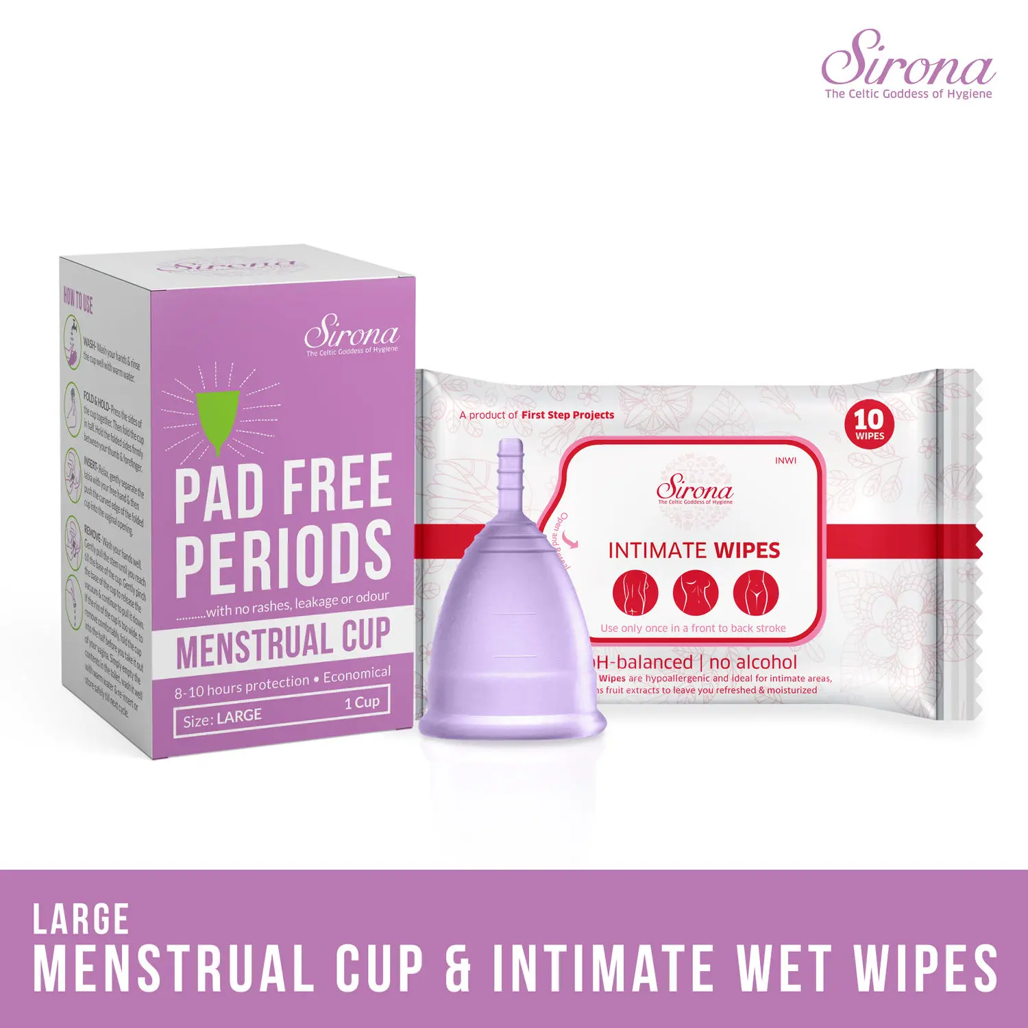 Sirona Reusable Menstrual Cup - Large with Intimate Wipes for your Period Care - 10 Wipes