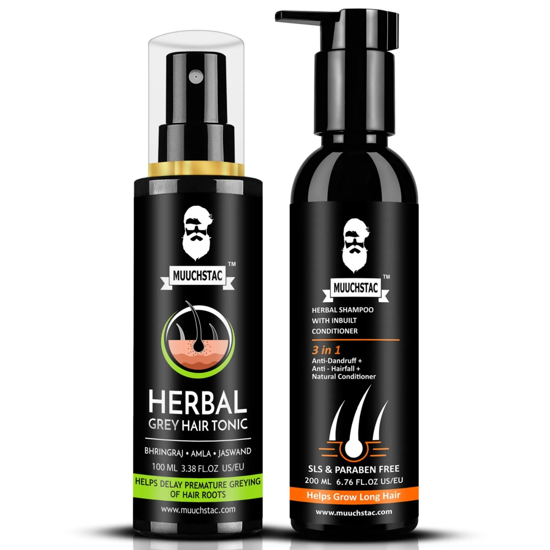 Muuchstac Herbal Grey Hair Tonic & Herbal Shampoo With Inbuilt Conditioner