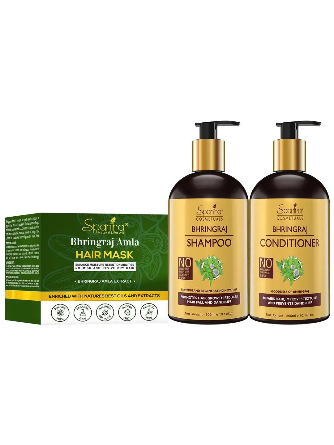 Spantra Bhringraj Shampoo & Conditioner, 300ml Each with Hair Mask, 250gm ( Combo Pack Of 3)