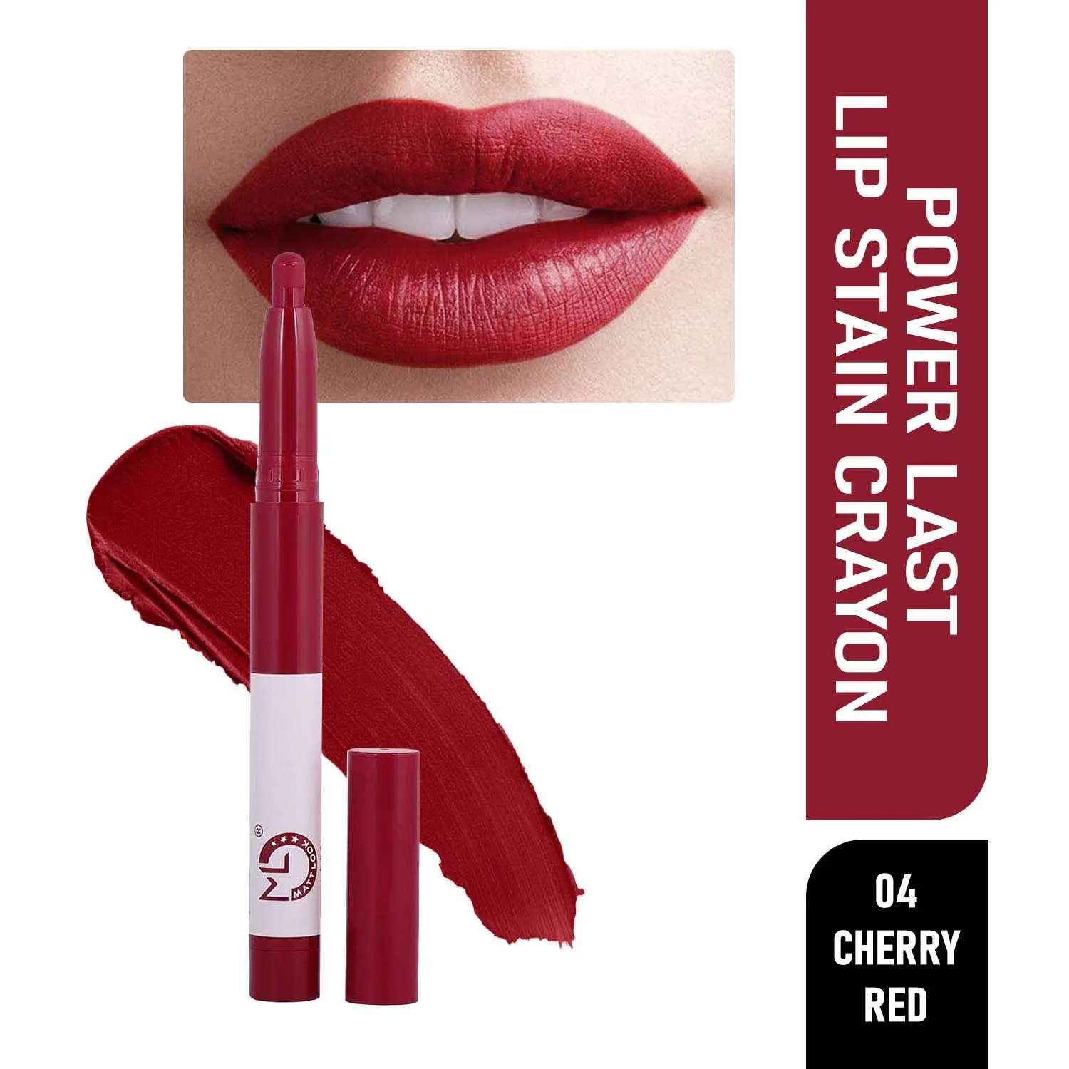 Matt look Power Last Lip Stain Crayon Lipstick, Rich Colour, Non Transfer, Mask Proof & Luxurious Creamy Matte, Cherry Red (1.3g)