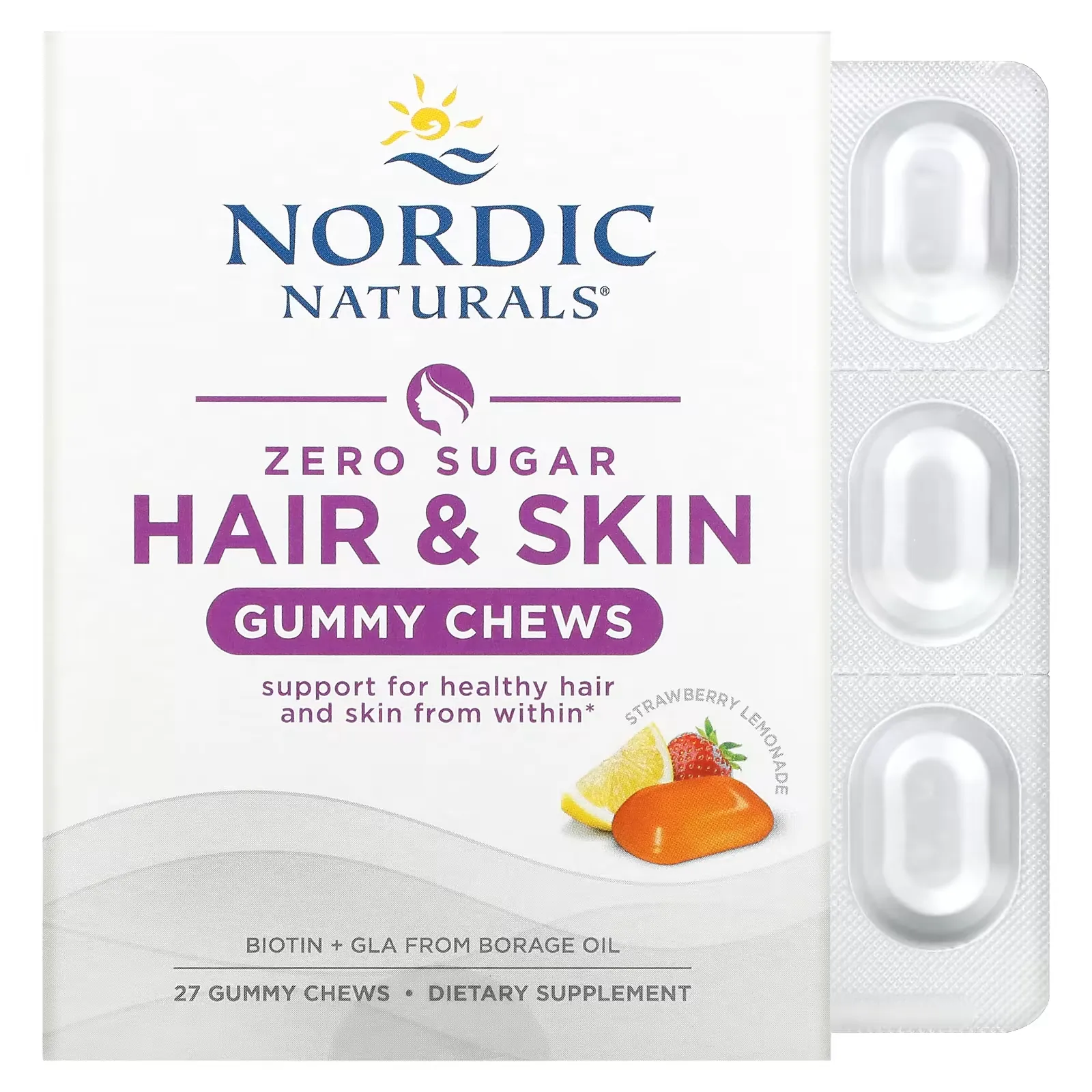 Zero Sugar Hair & Skin Gummy Chews, Strawberry Lemonade, 27 Gummy Chews