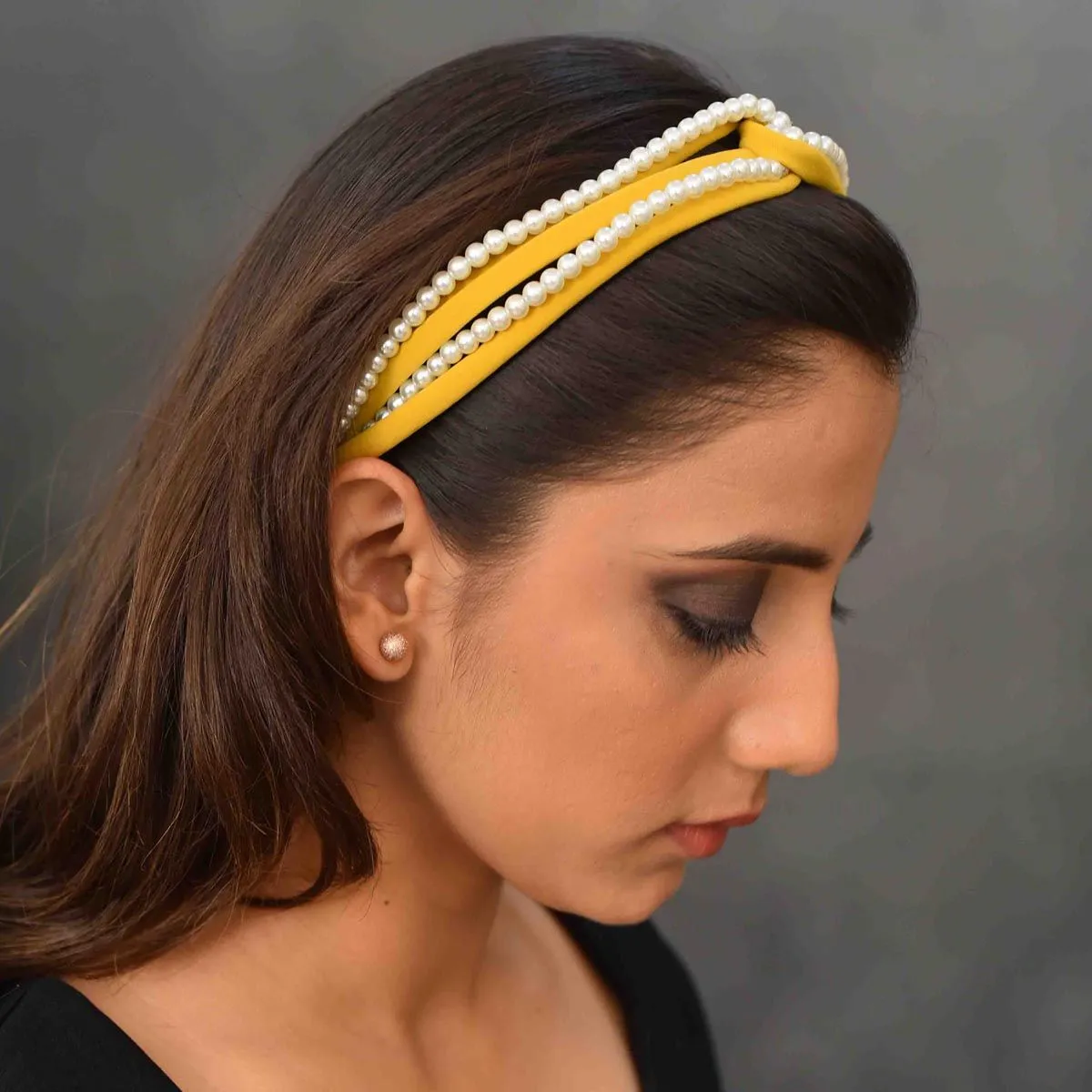 YoungWildFree Yellow Top Knot Hair Band With Pearls- Cute Fancy Design For Women And Girls