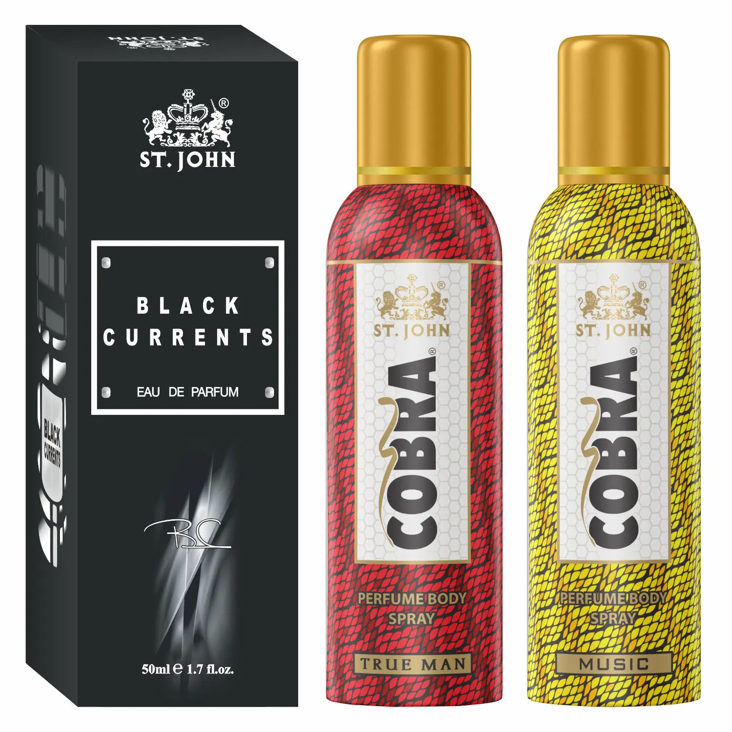 ST-JOHN Cobra No Gas Deodorant Music, True Man 100ml each & Black Current 50ml Combo Perfume Body Spray - For Men & Women (250 ml, Pack of 3)