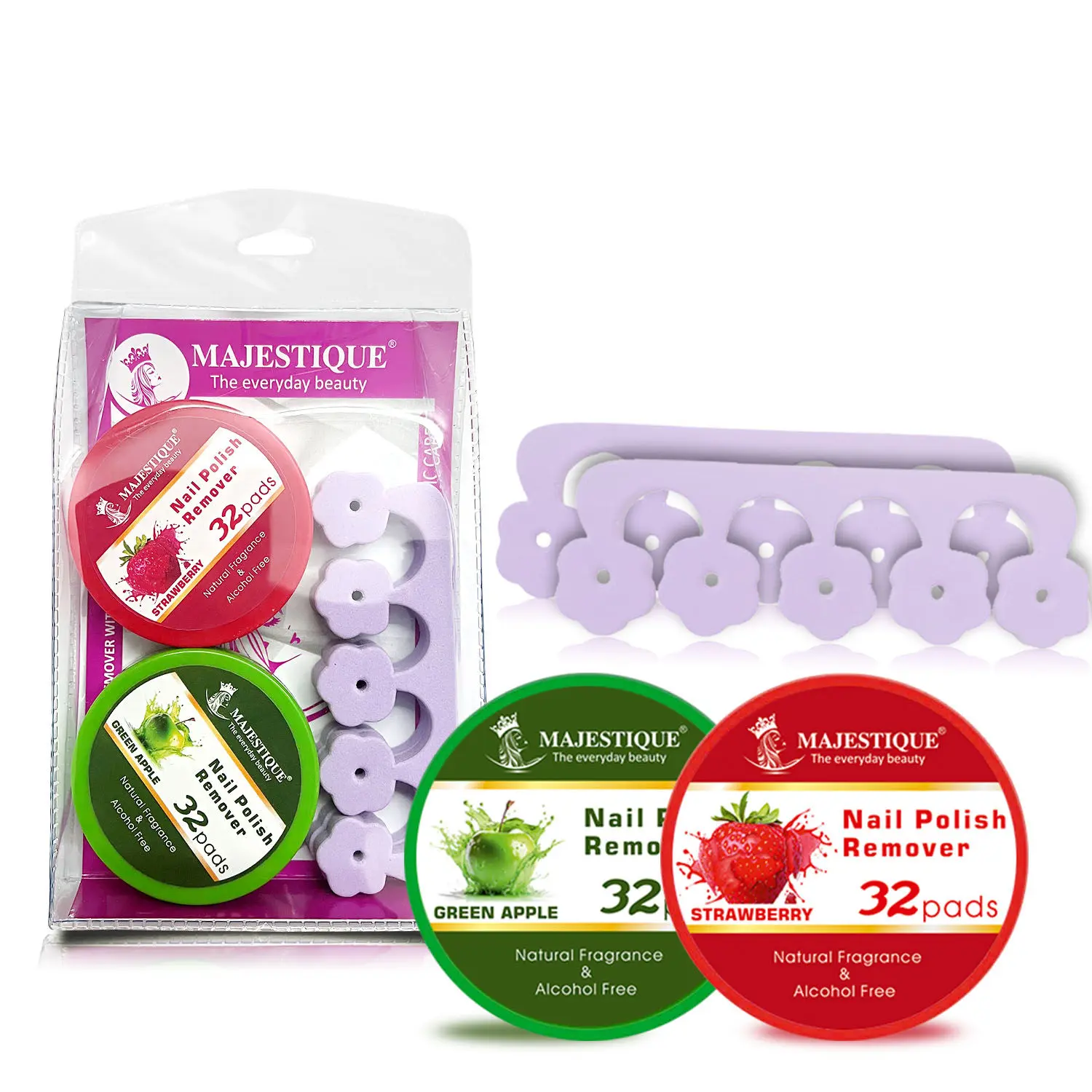 Majestique Nail Polish Remover with Toe Separator Set | Effortlessly Remove Polish | Complete Nail Care Tool - 4Pcs/Multicolor
