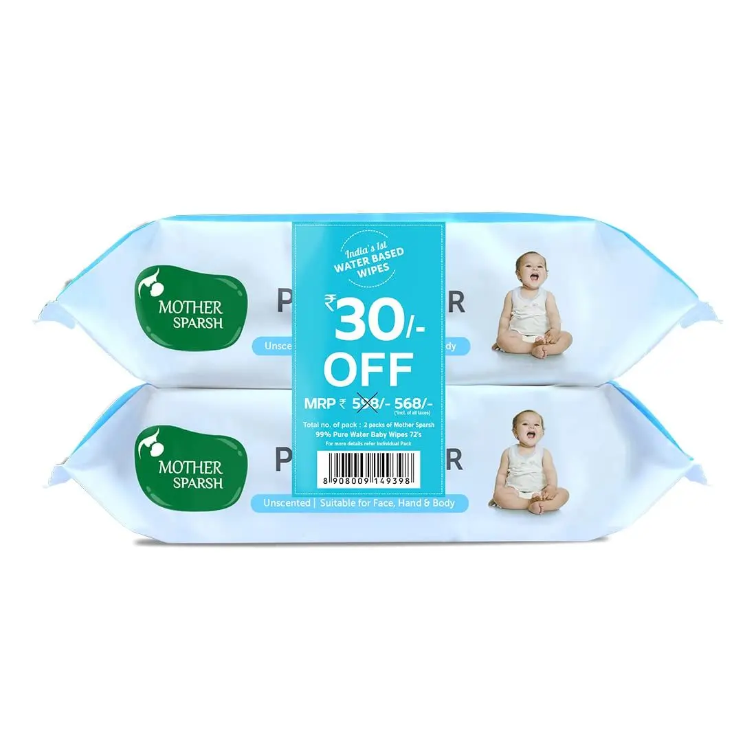 Mother Sparsh 99 % Pure Water (Unscented) Baby Wipes. Pack of 2 - 72 Pieces Super Saver Pack