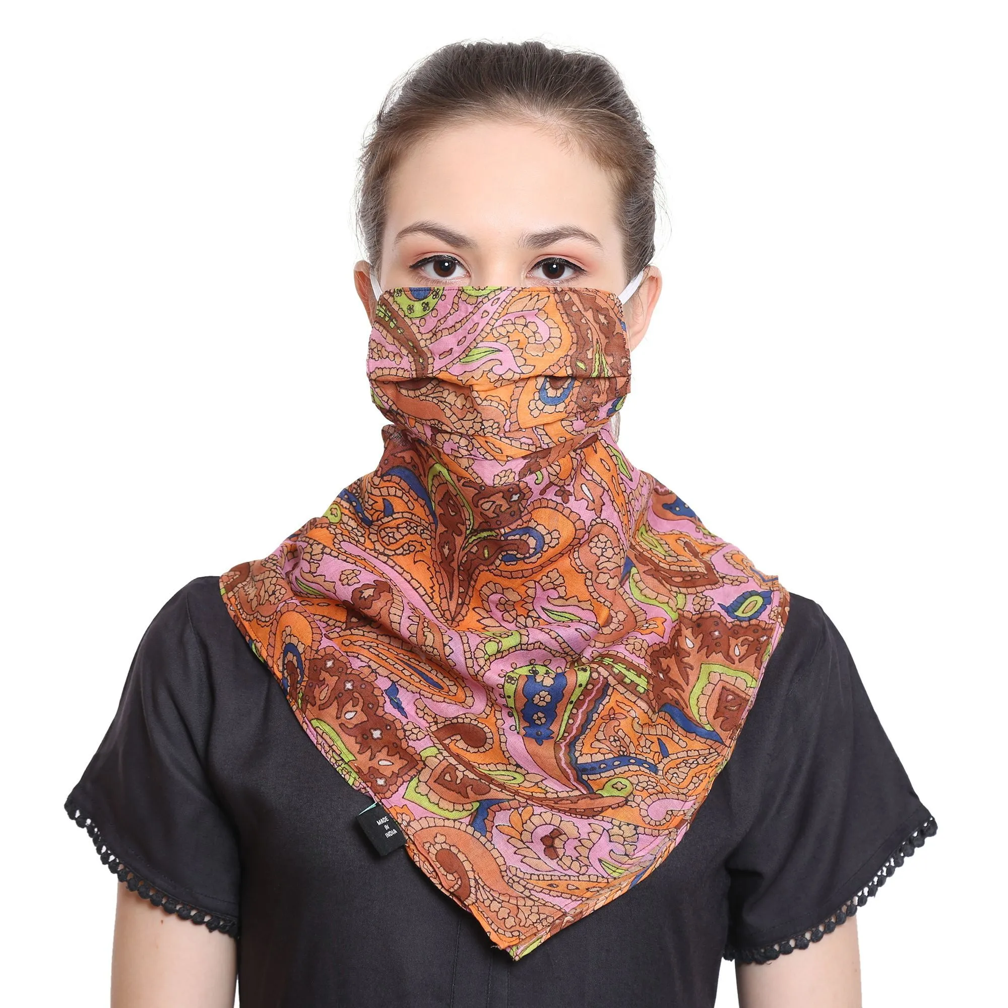 Anekaant 3-Ply Reusable Peach & Multi Cotton Printed Scarf Style Fashion Mask