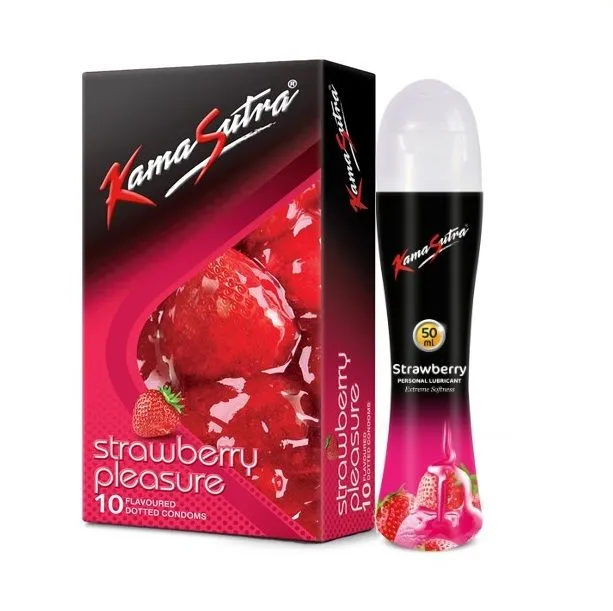 KamaSutra Strawberry Pleasure Flavoured Condoms, 10 Units With Starwberry Flavoured Lubricant 50ml