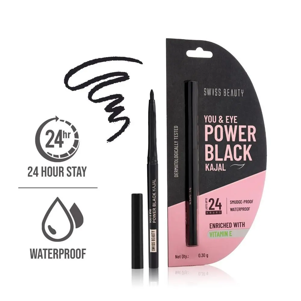 Swiss Beauty You & Eye Power Black Kajal Waterproof & Smudge-Proof 24 Hour Stay Matte Finish 0.3 gm