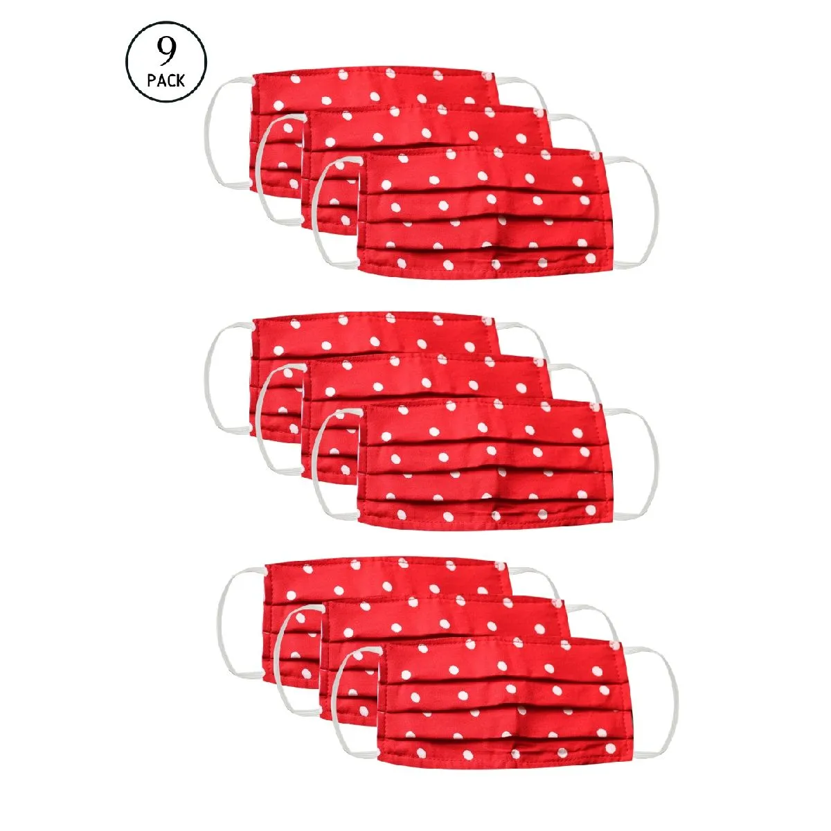 Bellofox 3-Ply Red Red Polka Dot Cotton Face Mask (Pack Of 9)