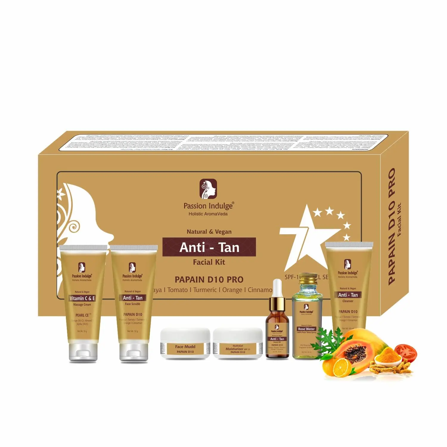 Passion Indulge Papain D10 7 Star Pro Facial Kit For Anti Tan|Glowing Skin With Papaya, Tomato, turmeric, Orange, Cinnamon |SPF 15| Home Facial Kit | professional Kit | Detan Kit| 7 steps