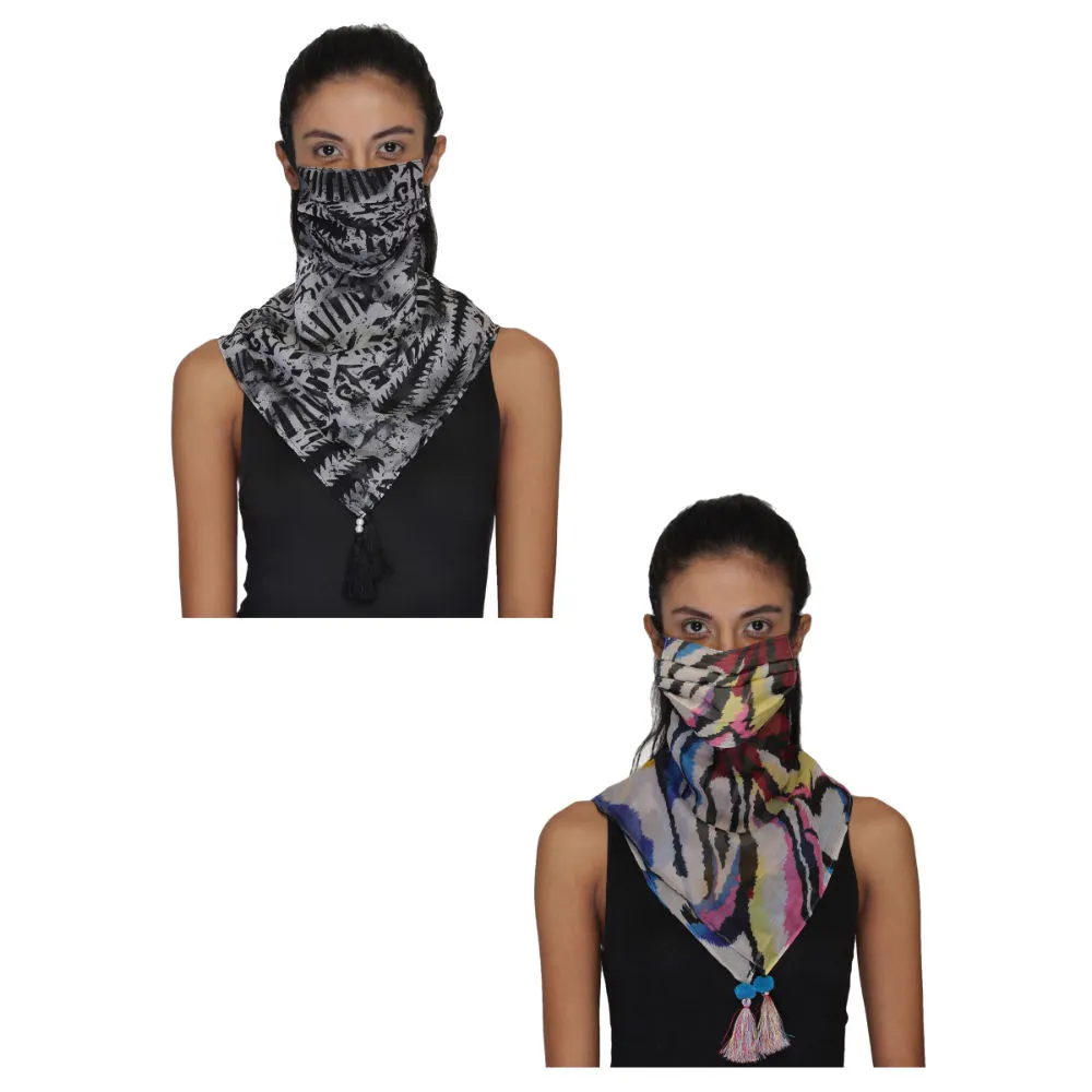 Anekaant Pack Of 2 Multicolor 3-Ply Reusable Poly Chiffon Printed Tesselled Scarf Style Fashion Mask