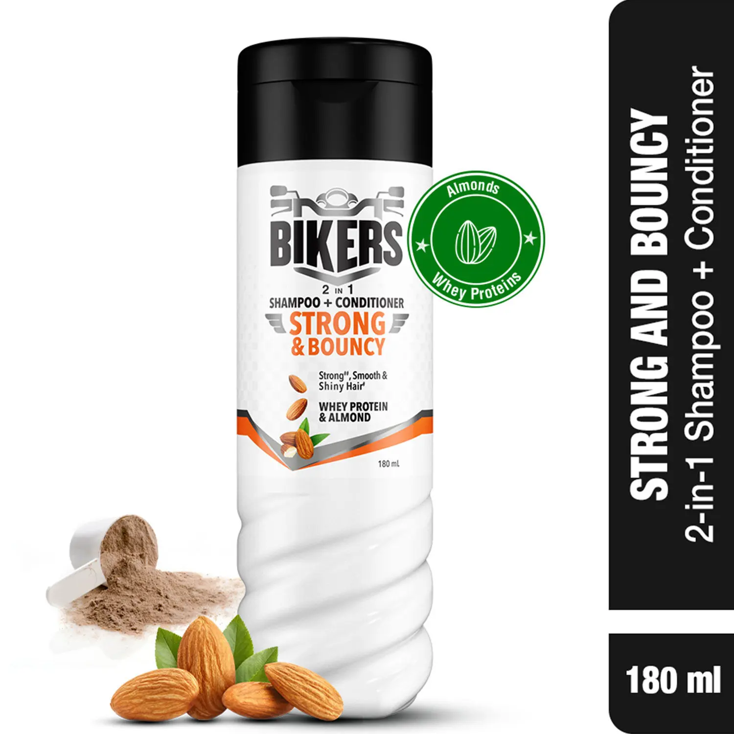 Biker's 2-in-1 Shampoo + Conditioner, Enriched with Whey Protien and Almond to make hair Strong Bouncy Smooth and Shiny, Shampoo for Men, 180 ml