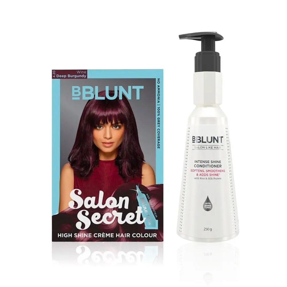 BBLUNT Salon Secret High Shine Creme Hair Colour Deep Burgundy 4.20 (100 g) With Shine Tonic (8 ml)+BBLUNT Intense Shine Shampoo with Rice & Silk Protein for 23X* Shinier Hair - 300 ml