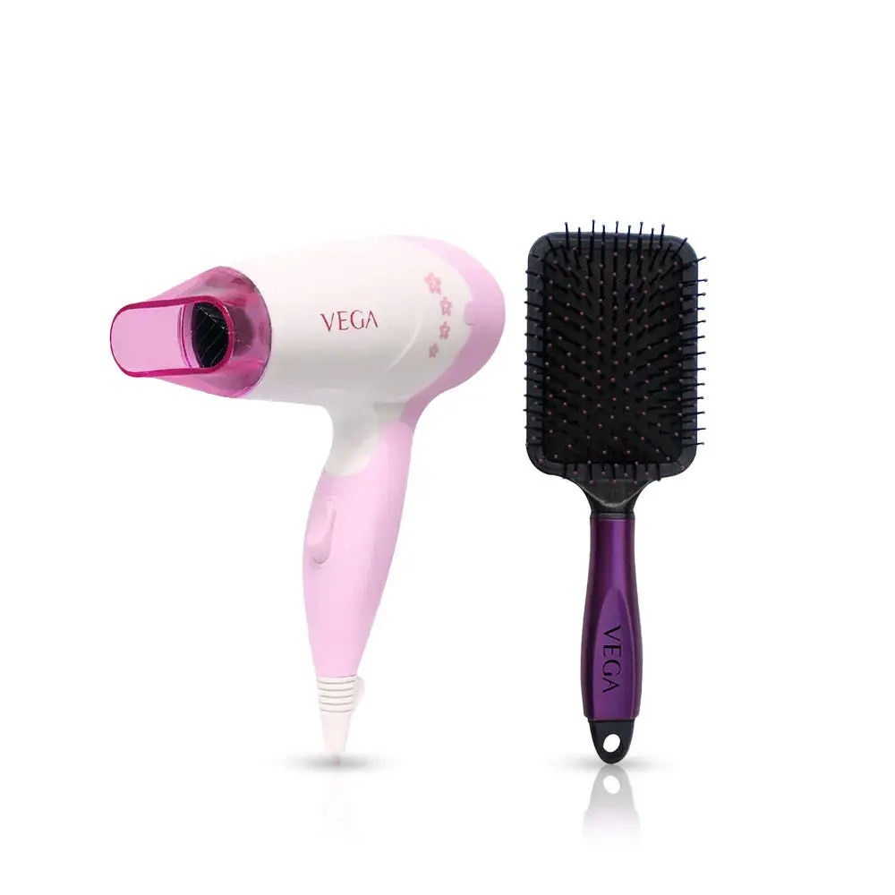 VEGA Insta Glam Foldable 1000 Watts Hair Dryer With 2 Heat & Speed Settings, VHDH-20, Pink (Made In India) + VEGA Paddle Brush (E18-PB)