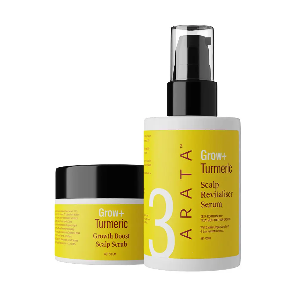 Arata Grow + Turmeric Range | Hair Serum ( 100 ML) & Scalp Scrub (50 GM) | Infused With Onion Oil, Bhringraj & Capilia Longa | Boosts Hair Growth | Clears Build-Up & Impurities
