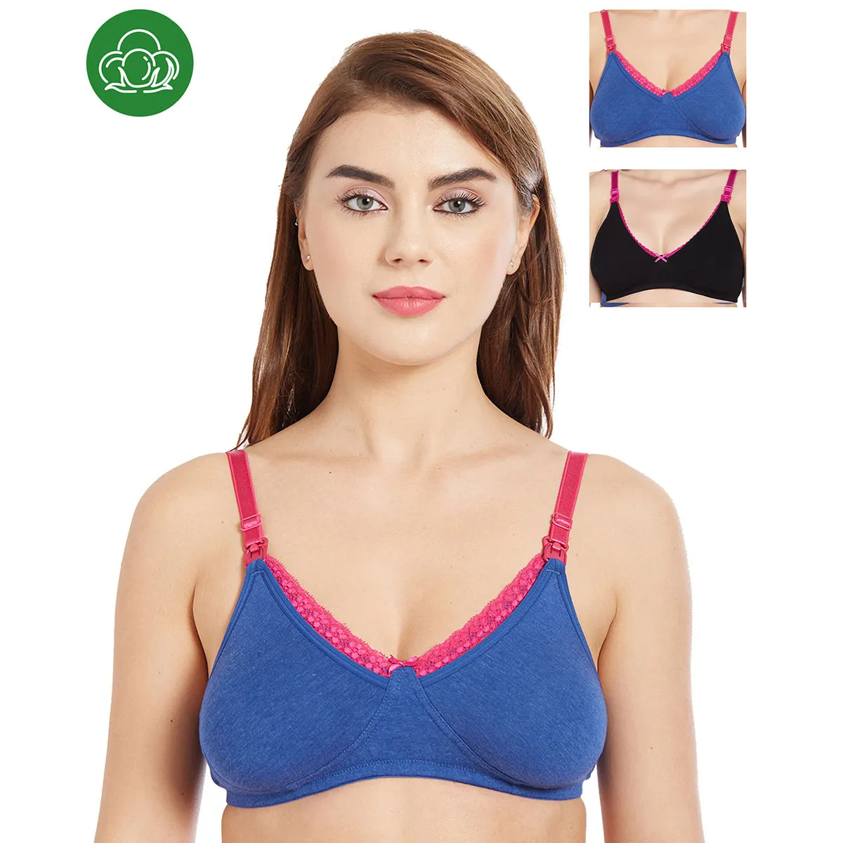 Inner Sense Organic Cotton Antimicrobial Laced Nursing Bra Pack of 3 - Multi-Color (34D)