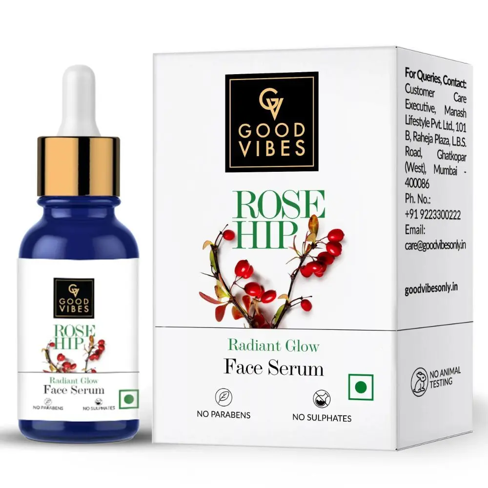 Good Vibes Rosehip Radiant Glow Face Serum | Light, Non-Sticky, Brightening | With Vitamin E | No Parabens, No Sulphates, No Animal Testing (10 ml)