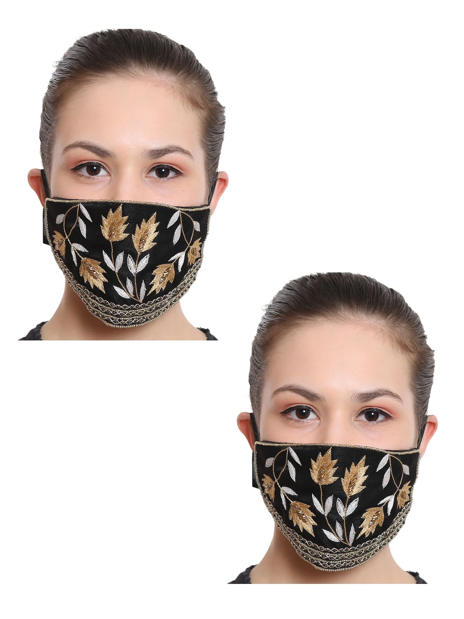 Anekaant Black & Multi 3-Ply Reusable Art Silk Embroidered Fabric Fashion Mask (Pack Of 2)