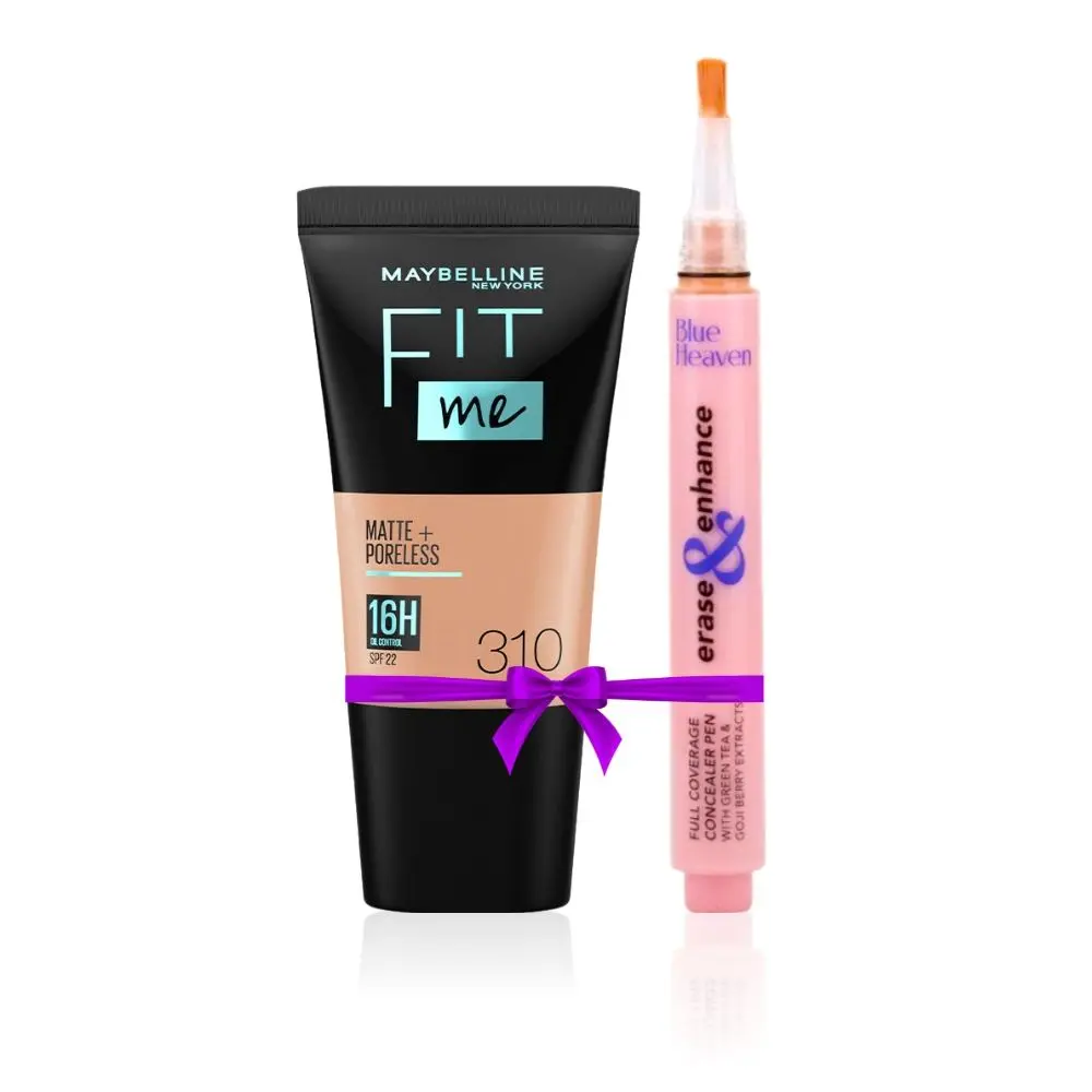 Maybelline New York Fit Me Matte+Poreless Liquid Foundation Tube, 310 Sun Beige, 18ml + Blue Heaven Erase & Enhance Buildable Coverage Concealer Pen, Caramel speacial combo