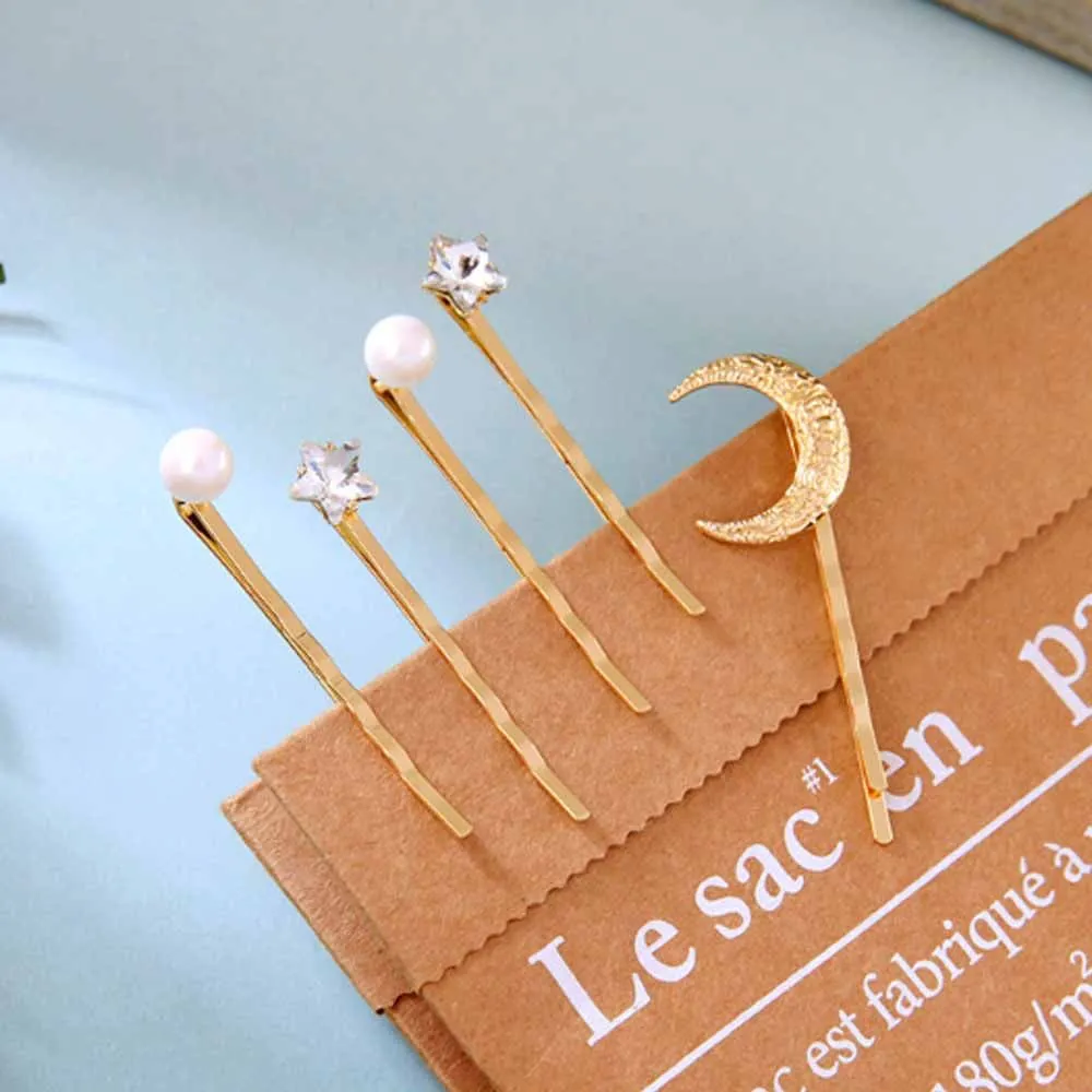 Ferosh Crescent Star Pearl Charm Hair Pins (Set Of 5 Pins)