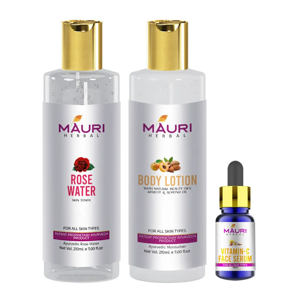 Mauri Herbal Rose Water, Body Lotion, Vitamin C Face Serum Combo - Pack Of 3