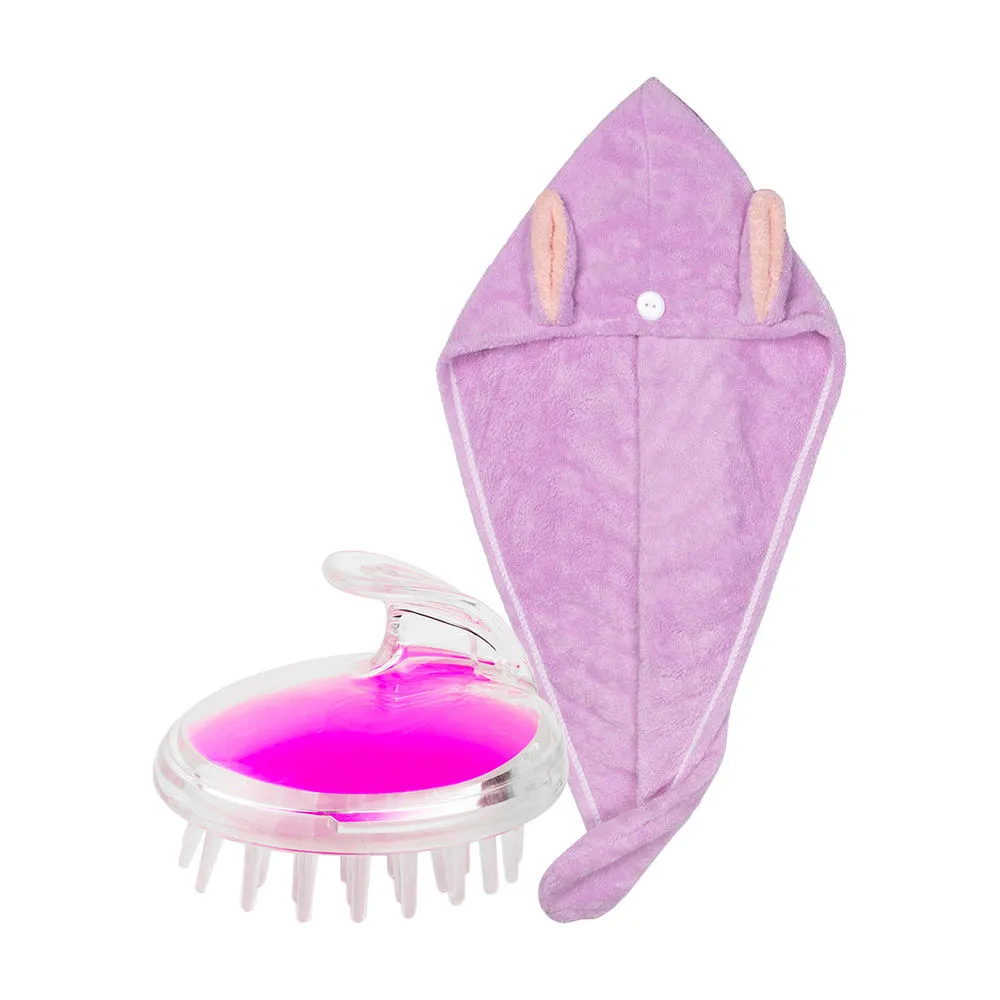 Streak Street Microfiber Hair Towel- Lilac Bunny + Fuschia Fun Pink Massager And Shampoo Brush