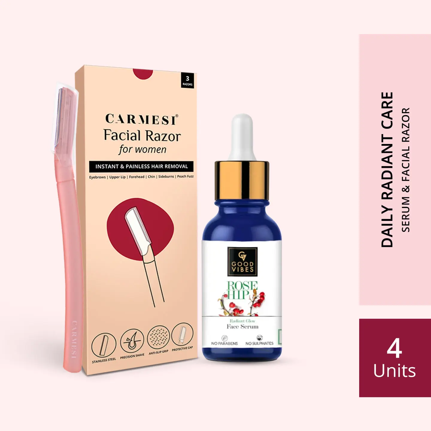 Daily Radiant With Good Vibes Rosehip Serum x Pain Free Hair Removal With Carmesi Facial Razor Combo