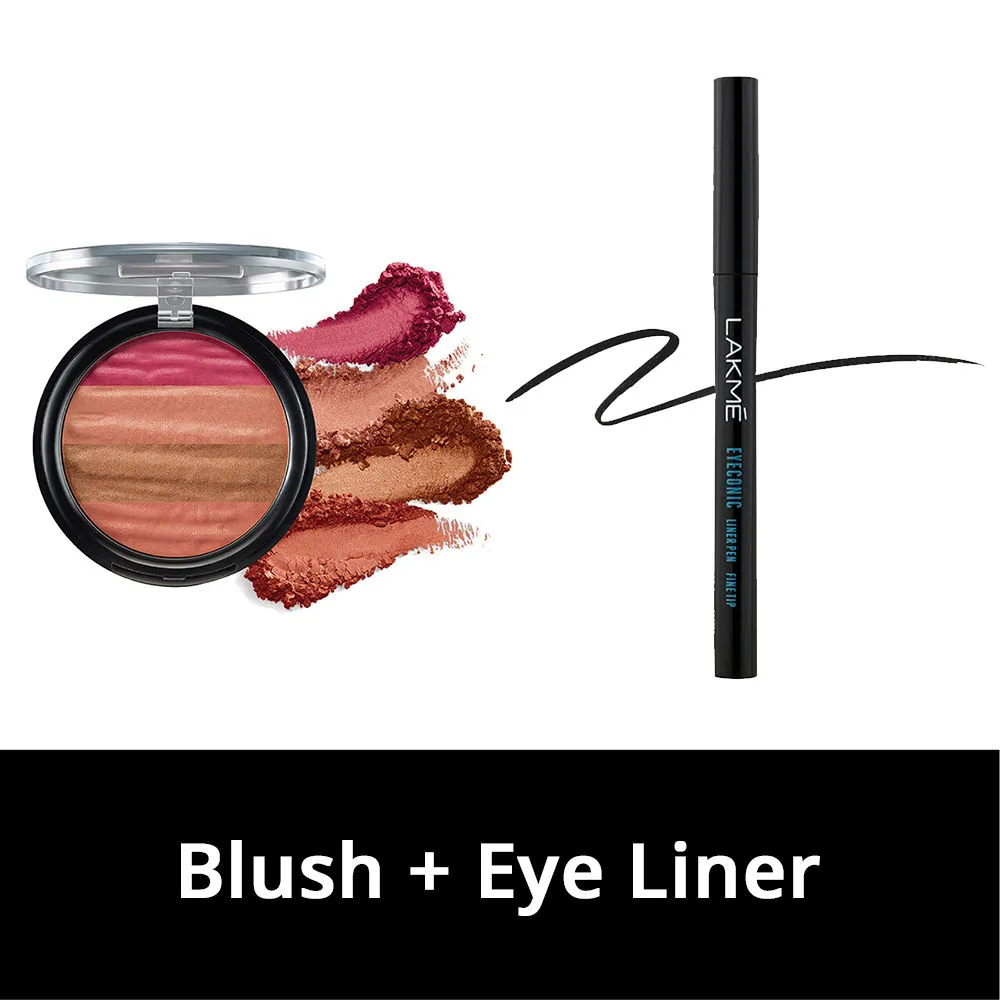 Lakme Absolute Illuminating Blush Shimmer Brick - In Pink + Eyeconic Liner Pen Fine Tip - Deep Black Combo