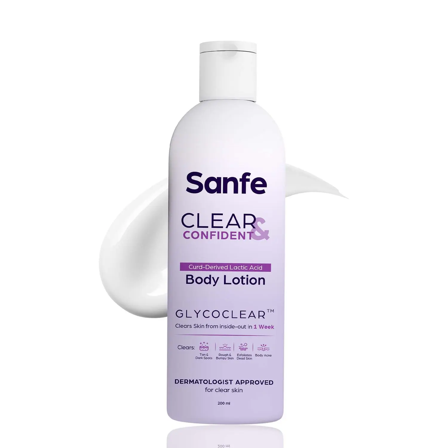 Sanfe Clear & Confident Glycolic Acid Body Lotion | Daily AHA Lotion| Smooths Rough & Bumpy Skin - With Niacinamide, Lactic & Glycolic Acid | Smooth Skin from 1st Use | 200ml