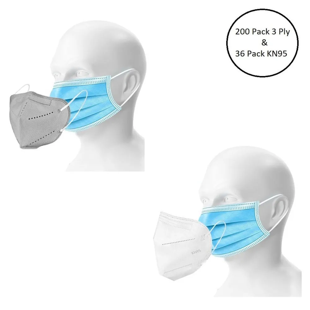 Fabula Unisex Double Mask Set Of 200 Disposable & 36 KN95 / N95 Masks (Grey, White )