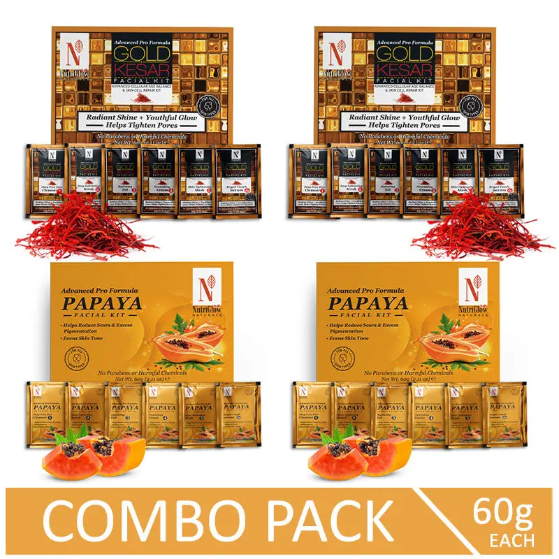 NutriGlow NATURAL'S Advanced Pro Formula Combo of 4 Papaya & Gold Kesar Facial Kit For Polished Radiant Skin, 60gm each