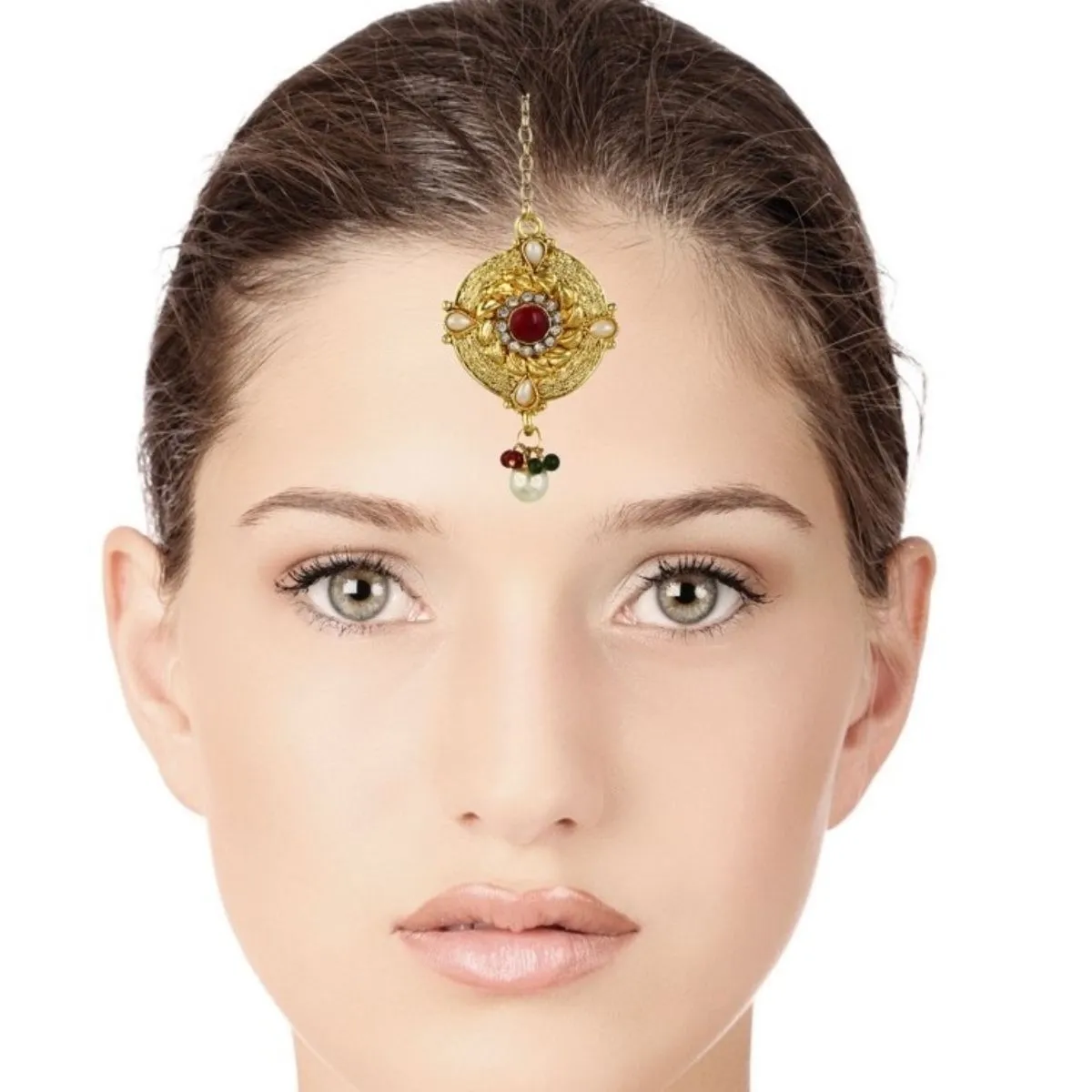 OOMPH Jewellery Gold Plated Maroon & Green Polki Maangtikka For Women & Girls