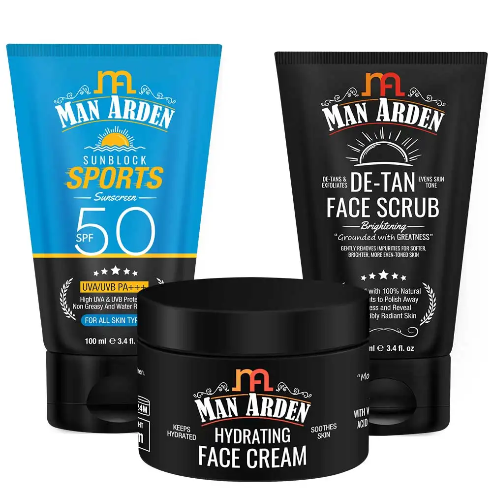 Man Arden Skin Care Combo,  3 Piece(s)/Pack  Sunblock Sport Sunscreen, Hydrating Face Cream, De-Tan Face Scrub