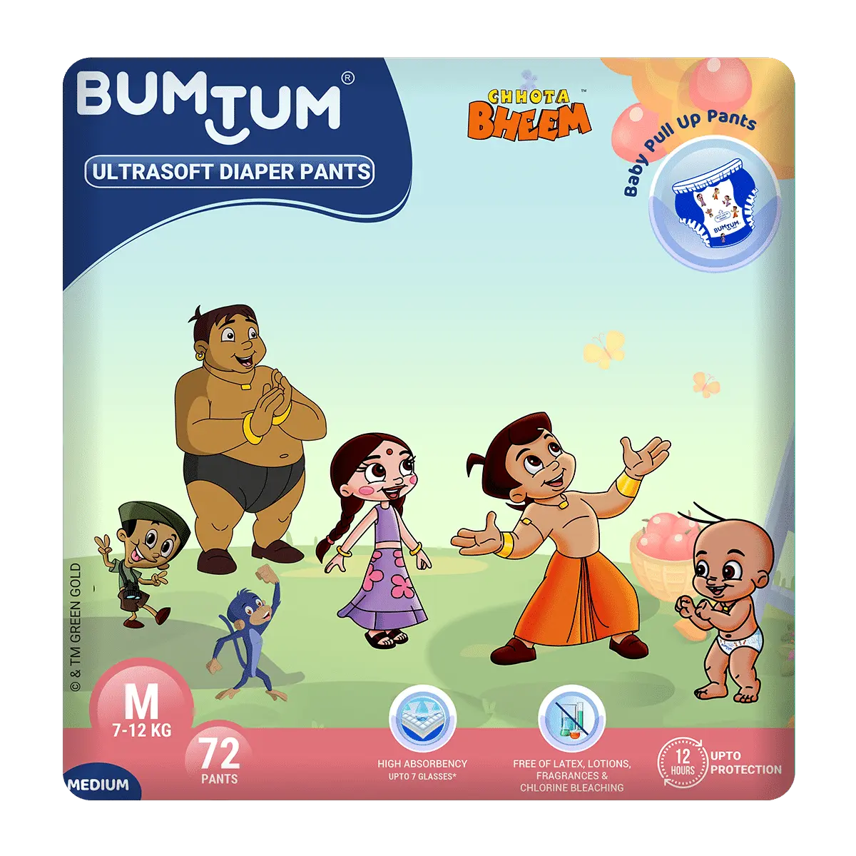 Bumtum Chota Bheem Baby Diaper Pants with Leakage Protection -7 to 12 Kg (Medium, 72 Count, Pack of 1)