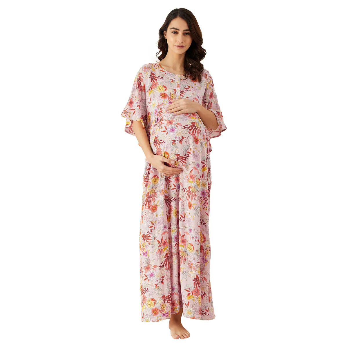 The Kaftan Company Pink Floral Print Kimono Maternity and Feeding Nightdress (XL)