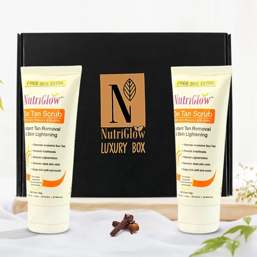 NutriGlow Set of 2 De Tan Scrub/ Instant Tan Removal/ Skin Lightening/ Milk Protein & Mulethi, 65gm each