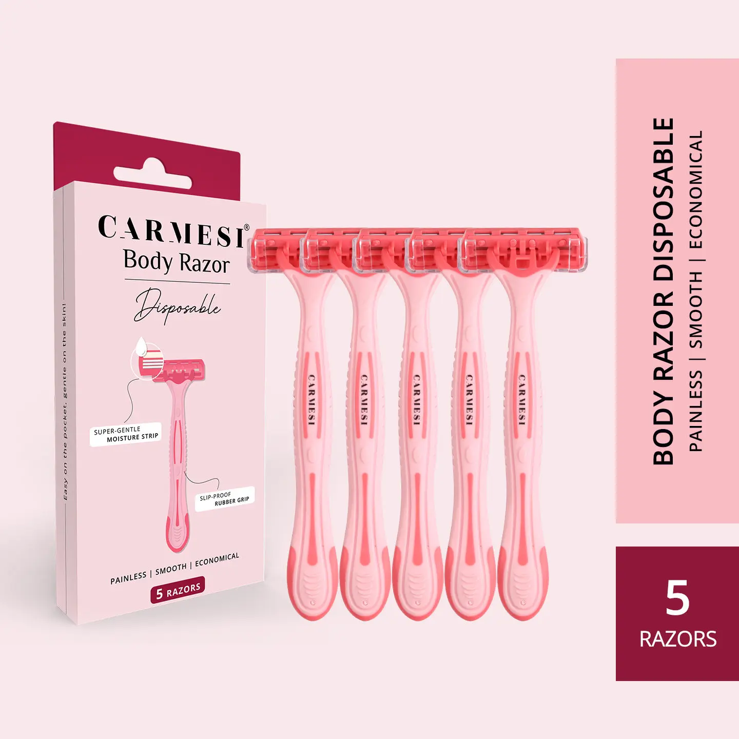Carmesi Disposable Body Razors for Women - Pack of 5 | Aloe Vera & Vitamin E Moisture Strip For Smooth & Painless Hair Removal | Slip-Proof Rubber Grip | Safe, Hygienic & Economical