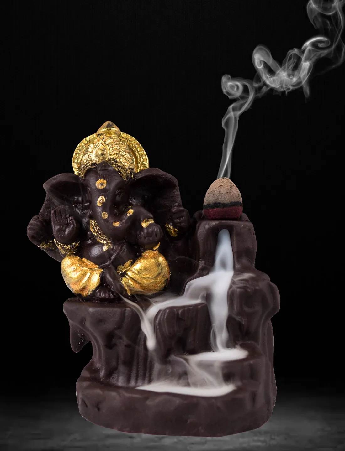 Golden Peacock Flow Smoke Incense Burner Lord Ganesha Emblem Auspicious and Success Incense Holder