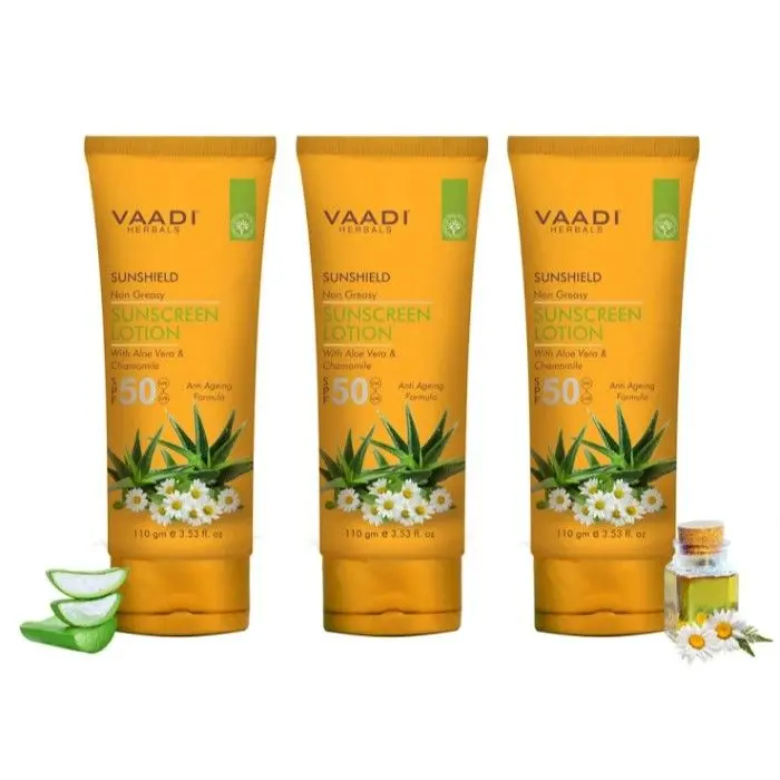 Vaadi Herbals Value Pack Of 3 Sunscreen Lotion Spf-50 With Aloe Vera & Chamomile (110 ml * 3)